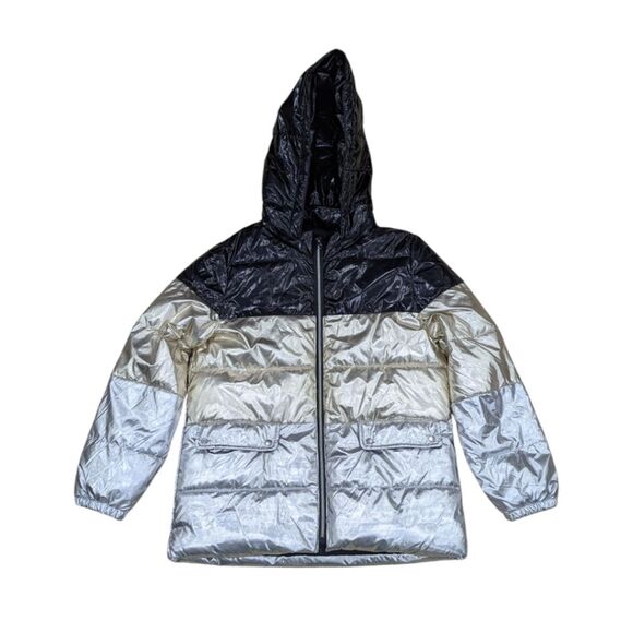 Mango Mng Kids Black Gold Silver Puffer Jacket Coat Girls Size 13 14 - Picture 1 of 7